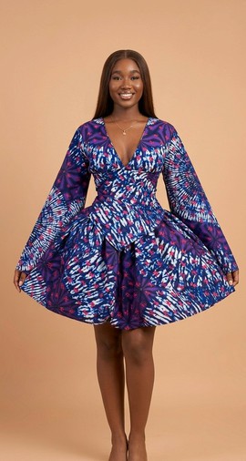 Robe mini évasée Adire africaine, teinte, à manches longues, une pièce forte pour femme