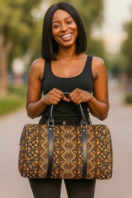 African Leather Bag for Travel Mudcloth Geometric Print Brown