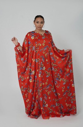 Red Floral Print Multicolor Maxi Kaftan Dress