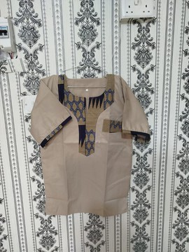 Sand Tone Heritage Shirt with Symbolic Mudcloth Trim