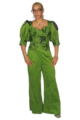 Green Wide Cut Pants with Ankara Overlay Marching Top