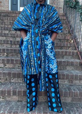 African Print Ankara Blue Multicolor Two Piece Oversized Kimono Cardigan and Pants Set