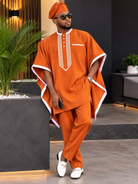 Tenue sénatoriale pour homme orange brûlé – Ensemble 2 pièces avec haut à manches chauve-souris bordé de blanc, bonnet et pantalon