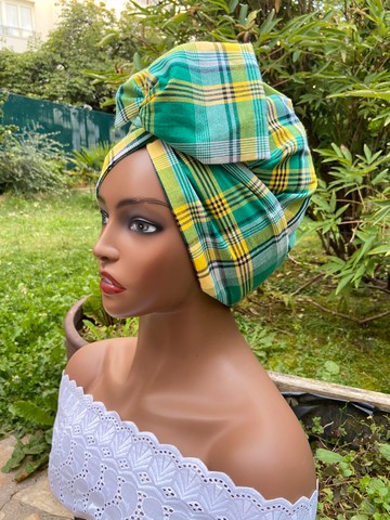 Madras / satin reversible wrap turban