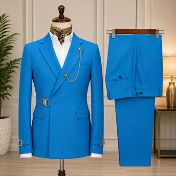 Men's Sky Blue Poly Viscose Slim Fit Suit –  Blazer with Buckle Belt Strap &amp; Matching Trousers