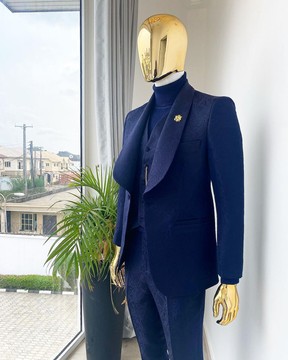 A Midnight Blue jacquard shawl lapel floral tuxedo suit