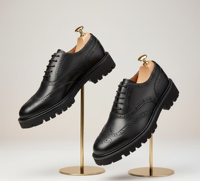 Men's Classic Black Leather Wingtip Brogues with Chunky Lug Sole
