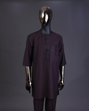 An Umber brown, connected flap &amp; combat pocket with black lines, black Swarovski button kaftan