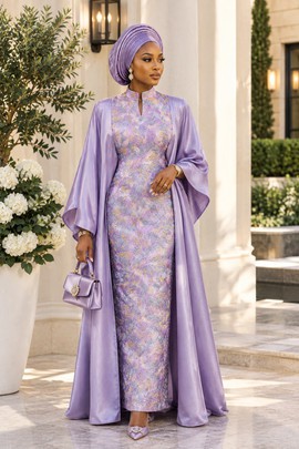 Women's Lilac Brocade Maxi Dress with Satin Cape Overlay – Elegant Two Piece Kaftan Set