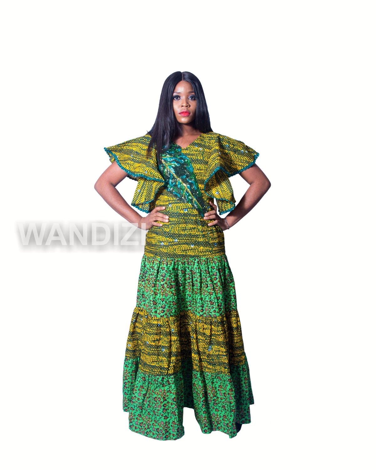 chinese dress ladies Floral Ankara Maxi Dress – Bell Sleeves & Zipper Detail