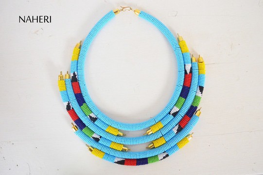 African Beaded Necklaces | 3 in 1 Multicolored Blue Necklace | African Tribal Jewelry