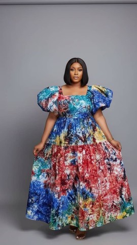Bold Colorful Tie-Dye Maxi Dress with Puff Sleeves