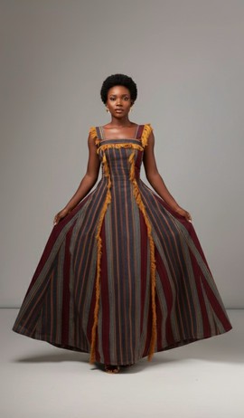 Stunning Aso Oke Striped Maxi Dress with Fringe – Perfect for Any Occasion