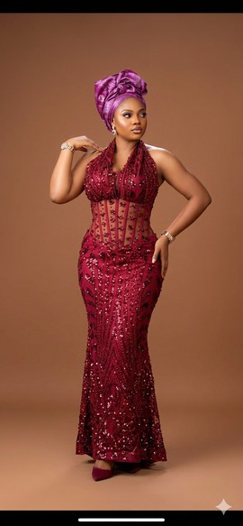 Glamorous Burgundy Sequined Lace Corset Gown