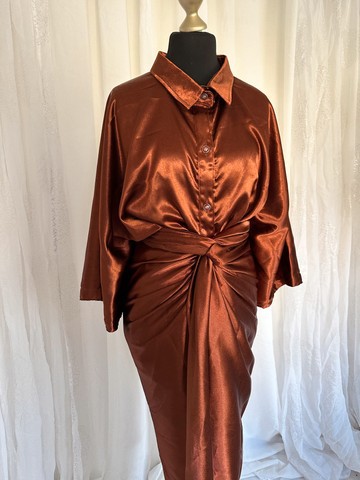 Two-piece Satin shirt and tie skirt set - Copper brown