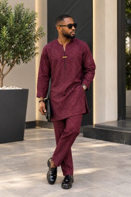 Ensemble de caftan bordeaux pour homme – Haut zippé à col montant et pantalon, deux pièces