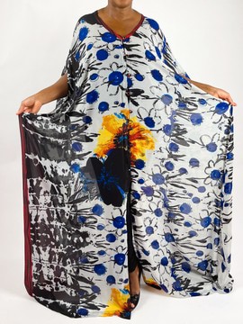 Blue and White Multicolor Oversized Maxi Kaftan Dress