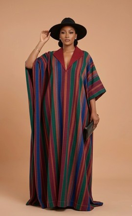 Elegant African Aso Oke Kaftan Maxi Dress – Multicolor Striped Traditional Kaftan for WomenI’m