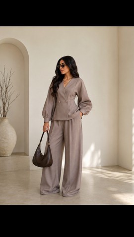 Ensemble pour femme avec haut cache-cœur en crêpe taupe et pantalon à jambes larges