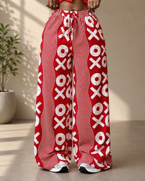 Pantalon palazzo ample à imprimé XO rouge et blanc – Taille haute avec cordon de serrage