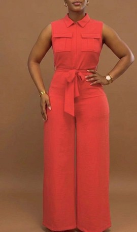 Women's Sleeveless Coral Red Utility Jumpsuit with Tie Waist