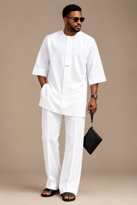 Tenue de sénateur blanche pour homme – Ensemble tunique et pantalon haut de gamme à col mandarin