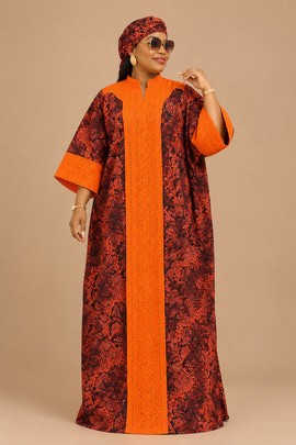 Orange and Burgundy African Kaftan Gown with Embroidered Lace Details