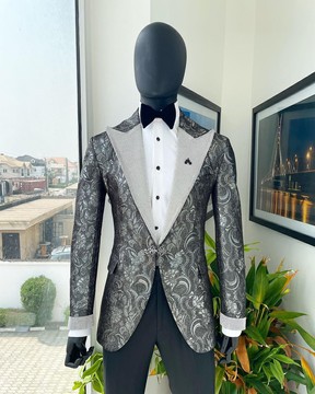 The “Jackson”, Ash, Iron &amp; shadow grey metallic jacquard, peak lapel tuxedo suit