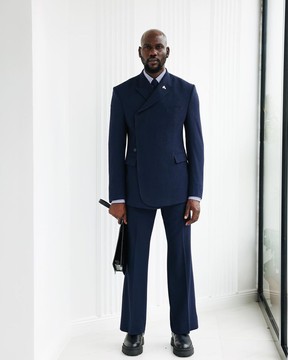 A Navy Blue Seersucker, “Herd” Warp Peak Lapel Suit.