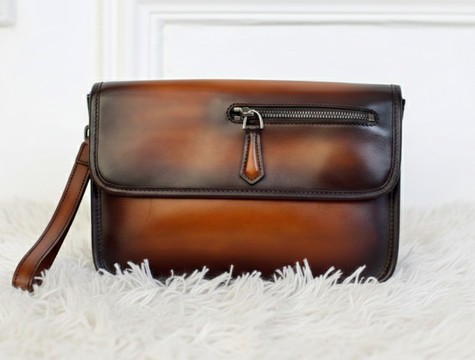 Handcrafted Brown Leather Wristlet Bag with Front Zipper Pocket