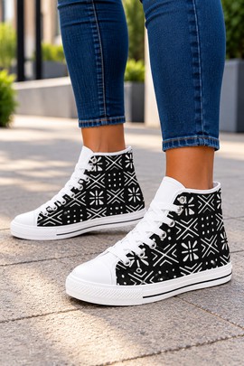 Ethnic Bogolan Pattern Women's Classic High Top Canvas Shoes | African Print High Top Sneakers