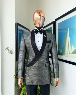 A wire metallic silver and black jacquard, lower cut, wrap shawl lapel tuxedo suit