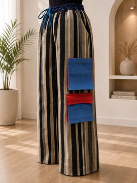 Women's Striped Aso Oke Wide-Leg Trousers – Colour Block Patch Pocket Drawstring Pants