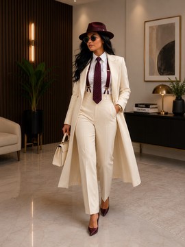 Women's Cream Suiting Long Blazer Coat &amp; Trouser Suit Set