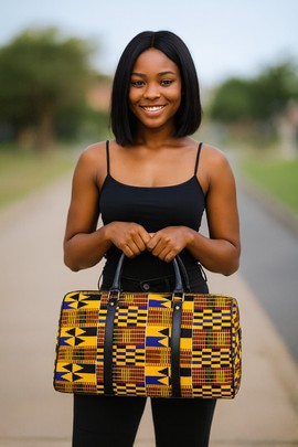 African Travel Bag Leather Minimalist Kente Print