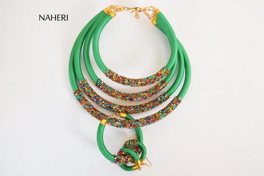 African inspired beaded layered necklace set | Handmade green tribal neck piece