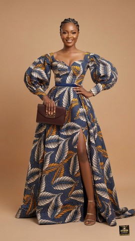 Ankara Gown with Leg-of-Mutton Sleeves, High Slit |Wedding guest attire|Maternity styling