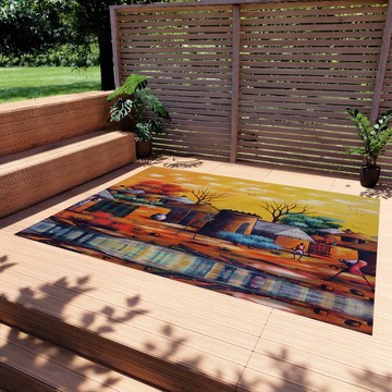 Nigerian Colorful Outdoor Rugs African Carpet Village Painting (LARGER SIZES AVAILABLE)