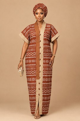 Rust Brown African Print Kaftan Gown with Beige Button Front and Matching Headwrap