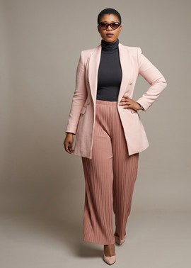 Blush Pink Single-Breasted Blazer with Pleated Wide-Leg Trousers