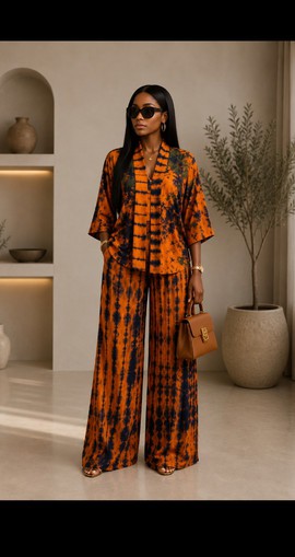 Ensemble deux pièces tie-dye orange et bleu marine – tenue pour femme avec haut kimono et pantalon à jambes larges en imprimé Ankara