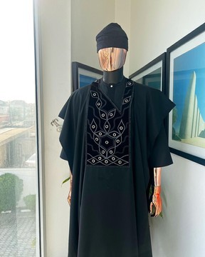 A charcoal black, grommet eyelet on root splash embroidery details agbada