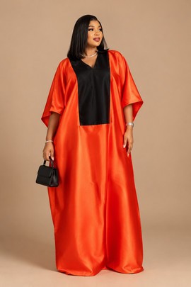 Luxury Orange Red Satin Kaftan Gown with Black V-Neck Detail – Elegant Women’s Occasion Wear
