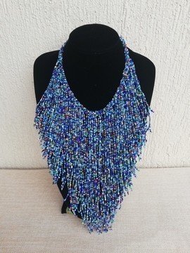 African choker necklace, Beaded fringe necklace, Gold and black necklace