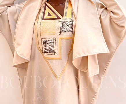 African Boubou Dress for Women "Diena" Beige in Glazed Linen — With Scarf