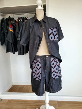 "ENSEMBLE MIXTE SHORT CHEMISETTE JEANS NOIR CUSTOMISES WAX CONGRES"