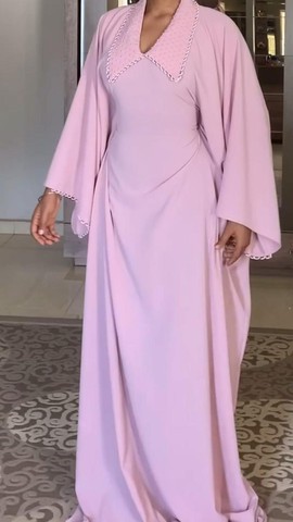 Women's Pink Abaya Dress – Pearl Embellished Collar, Wide Kimono Sleeves