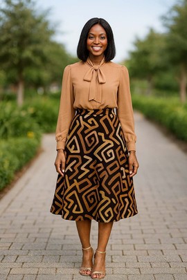 African High Waist Skirt | Kuba Print Midi Length Flared