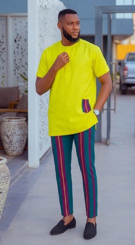 Bright Chartreuse Tunic with Vertical-Striped Trousers
