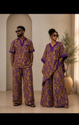 Tenues assorties pour couple en imprimé Ankara – Ensemble africain violet et doré pour lui et elle
